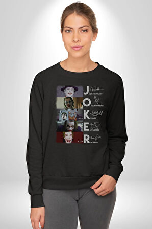 Joker Oyuncuları İmzaları Kadın Erkek  Siyah Baskılı Sweatshirt 