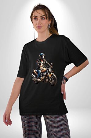 Kask Motorsiklet Dünya Turu Pamuklu Bisiklet Yaka Kadın Erkek Oversize Boyfriend Dijital Baskılı Siyah T-shirt