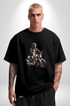 Kask Motorsiklet Dünya Turu Pamuklu Bisiklet Yaka Kadın Erkek Oversize Boyfriend Dijital Baskılı Siyah T-shirt