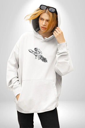 Roket Astronot  Kadın Erkek  Beyaz Kapüşonlu Sweatshirt Hoodie