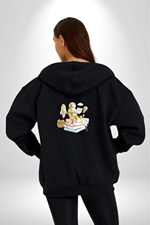 Astronot Kitap Füze Saat Ampül Büyüteç Kadın Erkek Siyah Renk Kapüşonlu Kanguru Cepli  Fermuarlı Pamuklu Oversize Dijital Baskılı Hırka Sweatshirt