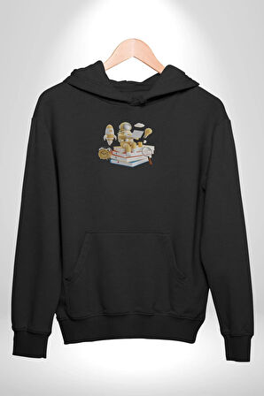 Astronot Kitap Füze Saat Ampül Büyüteç Kadın Erkek  Siyah Kapüşonlu Sweatshirt Hoodie