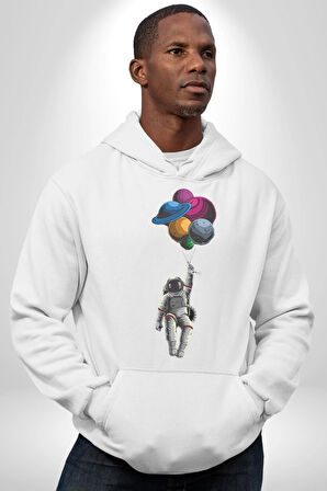 Gezegenler Balon Astronot Yükselişi Kadın Erkek  Beyaz Kapüşonlu Sweatshirt Hoodie