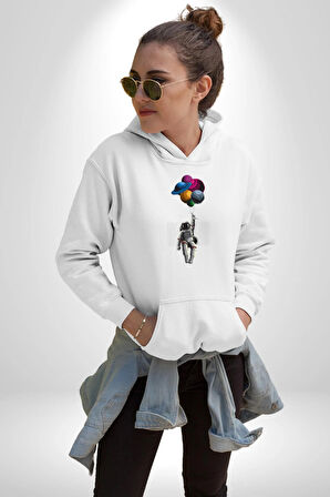 Gezegenler Balon Astronot Yükselişi Kadın Erkek  Beyaz Kapüşonlu Sweatshirt Hoodie