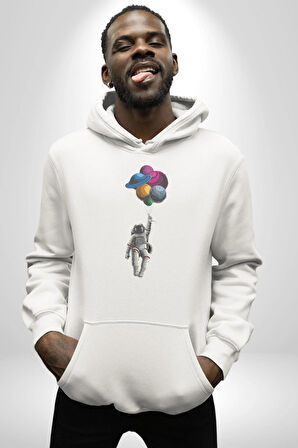 Gezegenler Balon Astronot Yükselişi Kadın Erkek  Beyaz Kapüşonlu Sweatshirt Hoodie