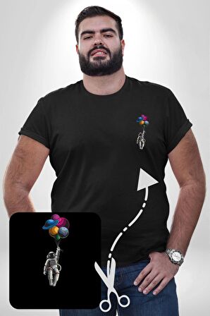 Gezegenler Balon Astronot Yükselişi Siyah Büyük Beden Kadın Basic Minimal Baskılı Tişört