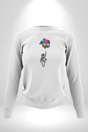 Gezegenler Balon Astronot Yükselişi Kadın Erkek  Beyaz Baskılı Sweatshirt 