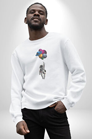 Gezegenler Balon Astronot Yükselişi Kadın Erkek  Beyaz Baskılı Sweatshirt 