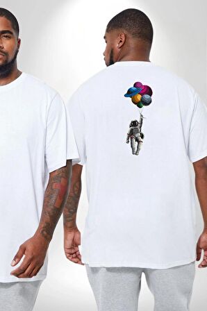Gezegenler Balon Astronot Yükselişi Büyük Beden Beyaz Tişört Kadın Erkek Ünisex Sırt Baskılı