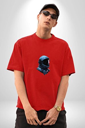 Uzay Boşluğuda Astonot Pamuklu Bisiklet Yaka Kadın Erkek Oversize Boyfriend Dijital Baskılı Kırmızı T-Shirt