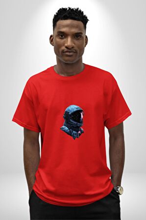 Uzay Boşluğuda Astonot Pamuklu Bisiklet Yaka Kadın Erkek Oversize Boyfriend Dijital Baskılı Kırmızı T-Shirt