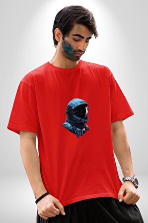 Uzay Boşluğuda Astonot Pamuklu Bisiklet Yaka Kadın Erkek Oversize Boyfriend Dijital Baskılı Kırmızı T-Shirt