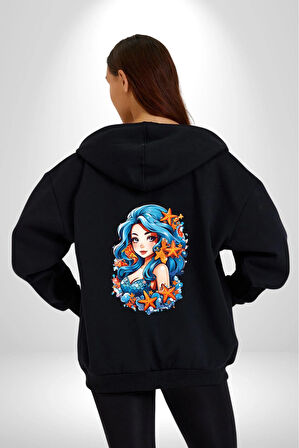 Deniz Kızı Deniz Yıldızı Mavi Saçlı Kadın Erkek Siyah Renk Kapüşonlu Kanguru Cepli  Fermuarlı Pamuklu Oversize Dijital Baskılı Hırka Sweatshirt