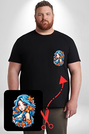 Deniz Kızı Deniz Yıldızı Mavi Saçlı Siyah Büyük Beden Kadın Basic Minimal Baskılı Tişört