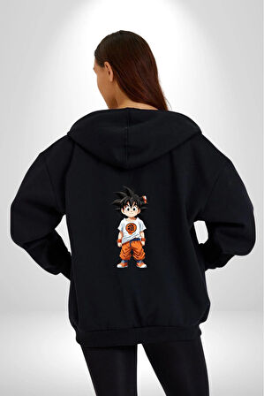 Çizgifilm Çocuk Goku Anime Asya  Kadın Erkek Siyah Renk Kapüşonlu Kanguru Cepli  Fermuarlı Pamuklu Oversize Dijital Baskılı Hırka Sweatshirt