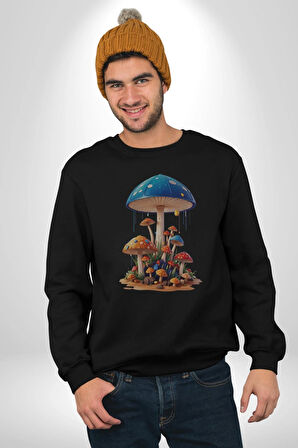 Renkli Mantar Süsler Kadın Erkek  Siyah Baskılı Sweatshirt 