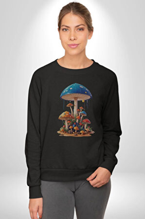 Renkli Mantar Süsler Kadın Erkek  Siyah Baskılı Sweatshirt 
