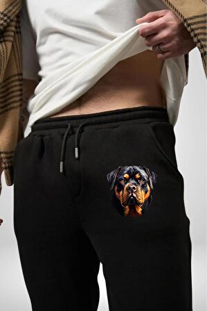 Rottweiler Kafası Pamuklu 3 İplik Siyah Eşofman Altı Erkek Oversize Kesim Dijital Baskılı