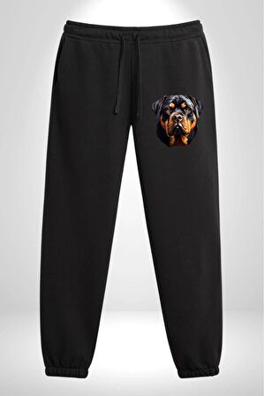 Rottweiler Kafası Pamuklu 3 İplik Siyah Eşofman Altı Erkek Oversize Kesim Dijital Baskılı