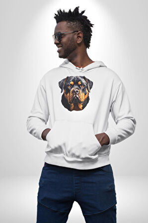 Rottweiler Kafası Kadın Erkek  Beyaz Kapüşonlu Sweatshirt Hoodie