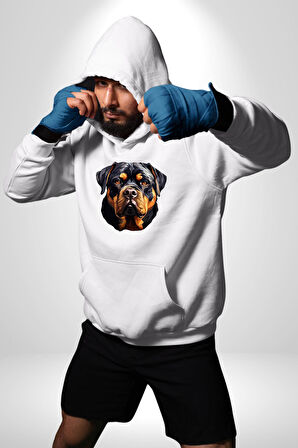 Rottweiler Kafası Kadın Erkek  Beyaz Kapüşonlu Sweatshirt Hoodie