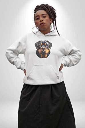Rottweiler Kafası Kadın Erkek  Beyaz Kapüşonlu Sweatshirt Hoodie