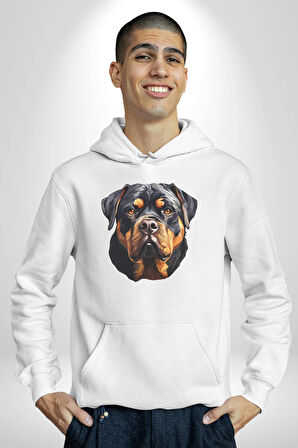 Rottweiler Kafası Kadın Erkek  Beyaz Kapüşonlu Sweatshirt Hoodie