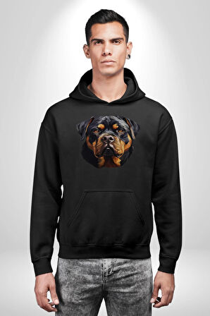 Rottweiler Kafası Kadın Erkek  Siyah Kapüşonlu Sweatshirt Hoodie