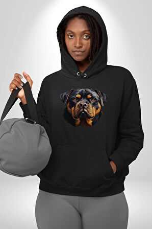 Rottweiler Kafası Kadın Erkek  Siyah Kapüşonlu Sweatshirt Hoodie