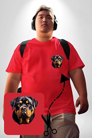 Rottweiler Kafası Kırmızı Büyük Beden Kadın Basic Minimal Baskılı Tişört