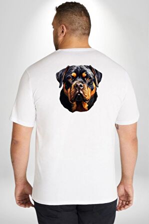 Rottweiler Kafası Büyük Beden Beyaz Tişört Kadın Erkek Ünisex Sırt Baskılı