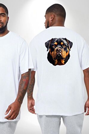 Rottweiler Kafası Büyük Beden Beyaz Tişört Kadın Erkek Ünisex Sırt Baskılı