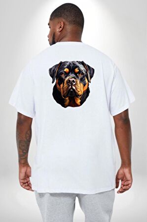 Rottweiler Kafası Büyük Beden Beyaz Tişört Kadın Erkek Ünisex Sırt Baskılı