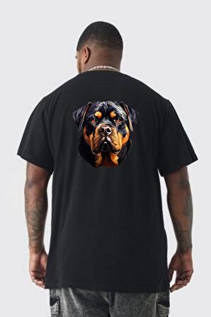 Rottweiler Kafası Büyük Beden Siyah Tişört Kadın Erkek Ünisex Sırt Baskılı