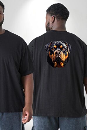 Rottweiler Kafası Büyük Beden Siyah Tişört Kadın Erkek Ünisex Sırt Baskılı