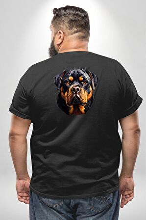 Rottweiler Kafası Büyük Beden Siyah Tişört Kadın Erkek Ünisex Sırt Baskılı