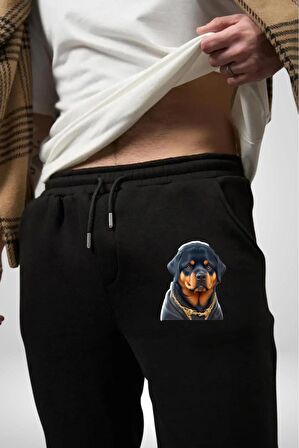 Rottweiler Koca Kafa Puppy Pamuklu 3 İplik Siyah Eşofman Altı Erkek Oversize Kesim Dijital Baskılı