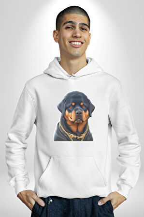 Rottweiler Koca Kafa Puppy Kadın Erkek  Beyaz Kapüşonlu Sweatshirt Hoodie