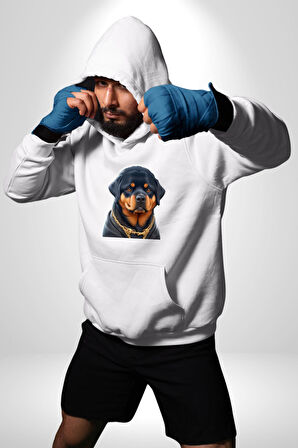 Rottweiler Koca Kafa Puppy Kadın Erkek  Beyaz Kapüşonlu Sweatshirt Hoodie