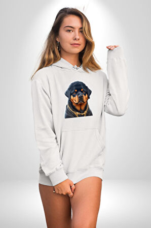 Rottweiler Koca Kafa Puppy Kadın Erkek  Beyaz Kapüşonlu Sweatshirt Hoodie