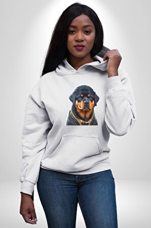 Rottweiler Koca Kafa Puppy Kadın Erkek  Beyaz Kapüşonlu Sweatshirt Hoodie
