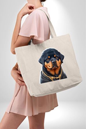 Rottweiler Koca Kafa Puppy 47X36x8 Kadın Erkek Çocuk Kanvas Körüklü Büyük Boy Çanta