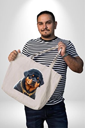 Rottweiler Koca Kafa Puppy 47X36x8 Kadın Erkek Çocuk Kanvas Körüklü Büyük Boy Çanta