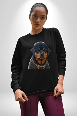 Rottweiler Koca Kafa Puppy Kadın Erkek  Siyah Baskılı Sweatshirt 