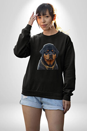 Rottweiler Koca Kafa Puppy Kadın Erkek  Siyah Baskılı Sweatshirt 