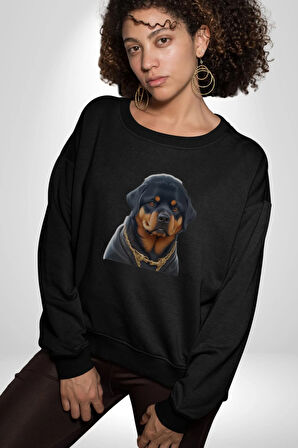 Rottweiler Koca Kafa Puppy Kadın Erkek  Siyah Baskılı Sweatshirt 