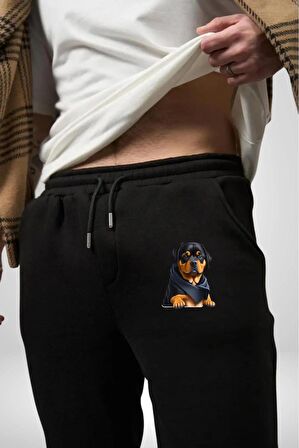 Puppy Köpek Rottweiler  Pamuklu 3 İplik Siyah Eşofman Altı Erkek Oversize Kesim Dijital Baskılı