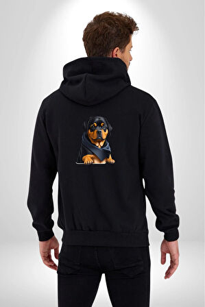 Puppy Köpek Rottweiler  Kadın Erkek Siyah Renk Kapüşonlu Kanguru Cepli  Fermuarlı Pamuklu Oversize Dijital Baskılı Hırka Sweatshirt