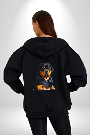 Puppy Köpek Rottweiler  Kadın Erkek Siyah Renk Kapüşonlu Kanguru Cepli  Fermuarlı Pamuklu Oversize Dijital Baskılı Hırka Sweatshirt