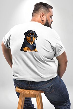 Puppy Köpek Rottweiler  Büyük Beden Beyaz Tişört Kadın Erkek Ünisex Sırt Baskılı